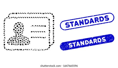Collage user cards and grunge stamp seals with Standards caption. Mosaic vector user cards is composed with scattered ellipse parts. Standards stamp seals use blue color,