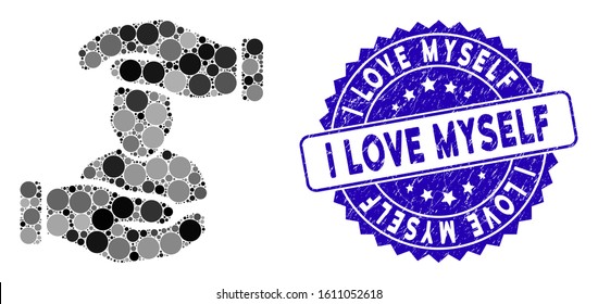 Collage User Care Hands Icon And Distressed Stamp Seal With I Love Myself Text. Mosaic Vector Is Composed With User Care Hands Icon And With Randomized Round Items.