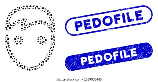 Collage user and corroded stamp seals with Pedofile caption. Mosaic vector user is formed with scattered oval pieces. Pedofile stamp seals use blue color, and have round rectangle shape.
