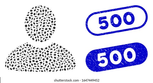 Collage user and distressed stamp seals with 500 caption. Mosaic vector user is designed with random elliptic parts. 500 stamp seals use blue color, and have round rectangle shape.