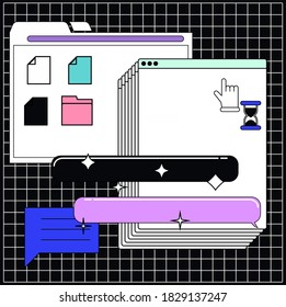 Collage of user interface elements. Cyberpunk and vaporwave aesthetics of 80's.