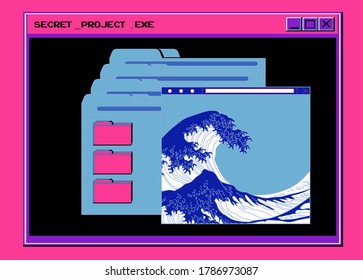 Collage with user interface elements and image of sea waves. Cyberpunk and vaporwave style illustration.
