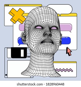 Collage of user interface elements and low poly 3D head in cartoon style. Biometrics, Facial Recognition and Cyber Security concept.