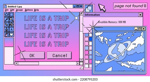 Collage of user interface elements in pastel pink colors. Vaporwave retro style collage of icons and window boxes.