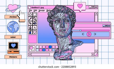 Collage of user interface elements in pastel pink colors. Vaporwave retro style collage of icons and window boxes.