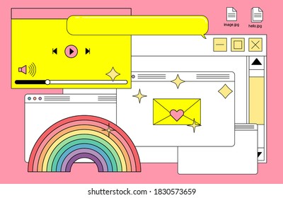 Collage of user interface elements, UI and UX theme. Trenddecke im Stil der 80er-90er Jahre, Retrowellenästhetik.