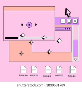 Colagem de elementos da interface do usuário, interface do usuário e tema UX. Capa moderna no estilo vaporwave 80's-90, estética retrowave.