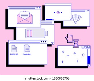 Collage of user interface elements, UI and UX theme. Trendy cover in vaporwave 80's-90's style, retrowave aesthetics.