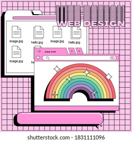 Collage of user interface elements, UI and UX theme. Trendy cover in vaporwave 80's-90's style, retrowave aesthetics.