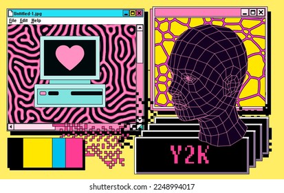 Collage of a user interface elements in vivid acid bold colors. Vector illustration for IT and data science subjects. 