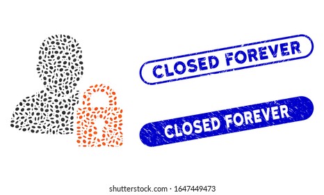 Collage user locked and corroded stamp seals with Closed Forever text. Mosaic vector user locked is formed with scattered elliptic dots. Closed Forever seals use blue color,