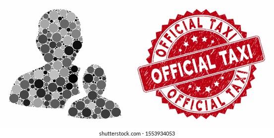 Collage user manager and corroded stamp seal with Official Taxi text. Mosaic vector is designed with user manager icon and with random circle items. Official Taxi stamp seal uses red color,