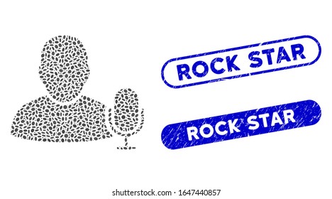 Collage user microphone and grunge stamp seals with Rock Star caption. Mosaic vector user microphone is composed with scattered oval elements. Rock Star stamp seals use blue color,