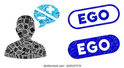 Collage user opinion and distressed stamp seals with Ego phrase. Mosaic vector user opinion is created with random rectangle items. Ego stamp seals use blue color, and have round rectangle shape.