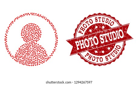 Collage user portrait designed with red love hearts, and isolated grunge stamp. Composition for Valentines Day. User portrait concept constructed with small scattered romantic heart objects.