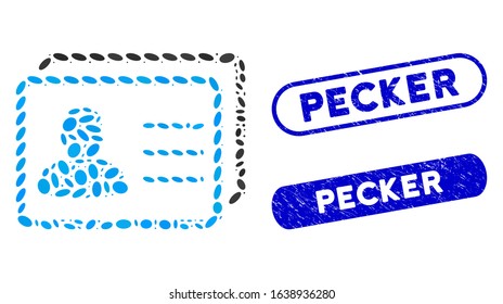 Collage user profiles and corroded stamp seals with Pecker text. Mosaic vector user profiles is composed with randomized oval items. Pecker stamp seals use blue color, and have round rectangle shape.