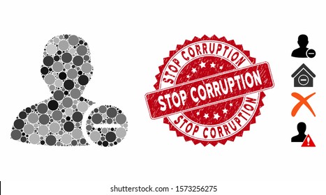 Collage user remove icon and grunge stamp seal with Stop Corruption phrase. Mosaic vector is formed with user remove icon and with scattered spheric elements.