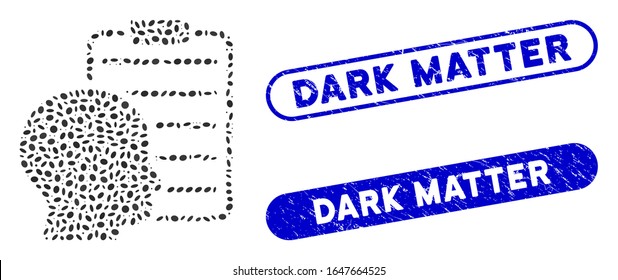 Collage user report page and distressed stamp watermarks with Dark Matter phrase. Mosaic vector user report page is composed with randomized oval elements. Dark Matter stamp seals use blue color,