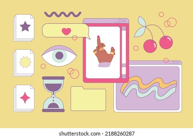 Collage of user retro interface elements. Vaporwave style vector illustration in pastel colors. Retro, trendy, nostalgic style 80s - 90s. Posters, print, social media posts. Hand drawn objects.