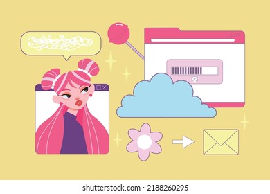 Collage of user retro interface elements. Vaporwave style vector illustration in pastel colors. Retro, trendy, nostalgic style 80s - 90s. Posters, print, social media posts. Hand drawn objects.