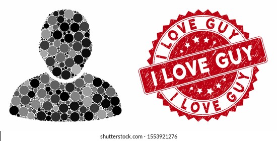 Collage user and rubber stamp seal with I Love Guy text. Mosaic vector is designed with user icon and with random spheric items. I Love Guy stamp seal uses red color, and distress surface.