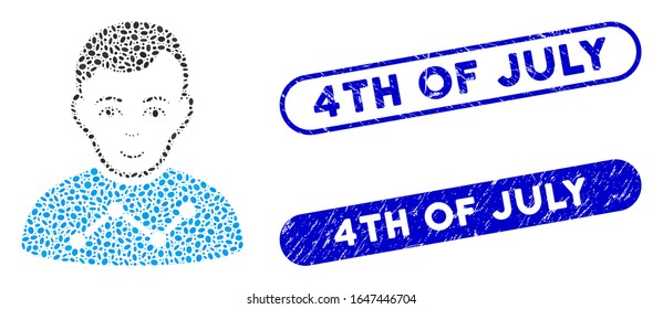 Collage user stats and corroded stamp seals with 4Th of July caption. Mosaic vector user stats is created with scattered oval dots. 4Th of July stamp seals use blue color,