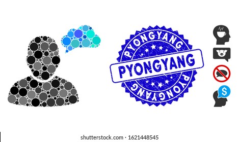 Collage user thinking cloud icon and rubber stamp seal with Pyongyang phrase. Mosaic vector is created with user thinking cloud icon and with random spheric elements.