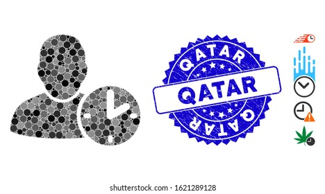Collage user time icon and grunge stamp watermark with Qatar phrase. Mosaic vector is composed with user time icon and with scattered circle elements. Qatar stamp uses blue color, and grunge design.