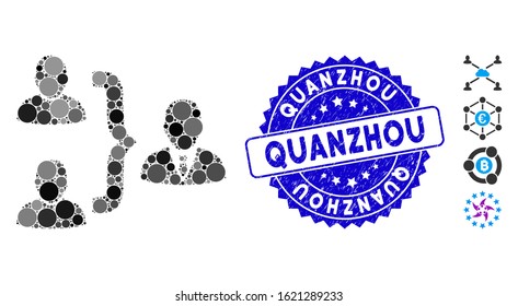 Collage user union icon and corroded stamp seal with Quanzhou phrase. Mosaic vector is created with user union icon and with scattered spheric items. Quanzhou seal uses blue color,