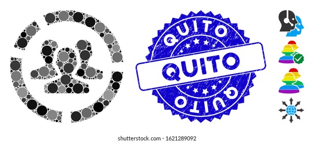 Collage users diagram icon and grunge stamp seal with Quito text. Mosaic vector is composed with users diagram icon and with scattered round spots. Quito stamp seal uses blue color,