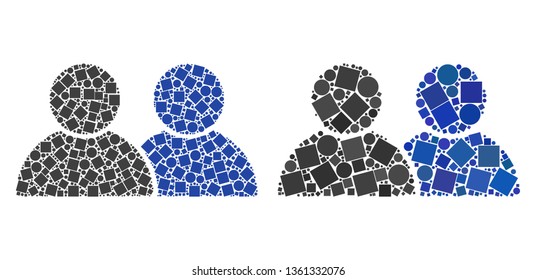 Collage Users icons organized from round and square items in variable sizes, positions and proportions. Vector round and square parts are composed into abstract collage users icons.
