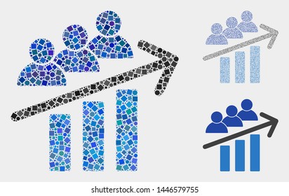 Collage Users trend arrow icon constructed from round and square elements in random sizes, positions and proportions.