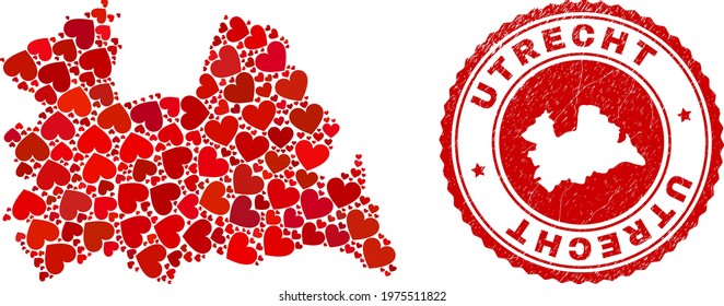 Collage Utrecht Province map composed with red love hearts, and rubber seal stamp. Vector lovely round red rubber seal imprint with Utrecht Province map inside.