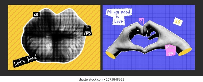 Collage Valentine's Day posters with cutout shape and doodle elements. Lips, hands in shape of heart. Retro halftone effect