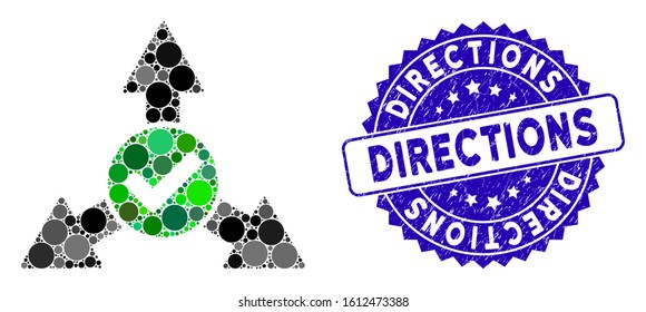 Collage valid directions icon and distressed stamp seal with Directions caption. Mosaic vector is composed with valid directions icon and with scattered circle items.