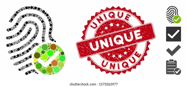 Collage valid fingerprint icon and corroded stamp seal with Unique text. Mosaic vector is designed with valid fingerprint icon and with scattered circle items. Unique stamp seal uses red color,