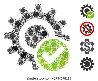 Collage valid settings gear united from covid-2019 virus elements in various sizes and color hues. Vector viral icons are united into abstract mosaic valid settings gear icon.