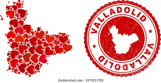 Collage Valladolid Province map created with red love hearts, and grunge seal stamp. Vector lovely round red rubber seal stamp imitation with Valladolid Province map inside.