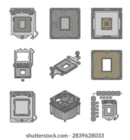 A collage of various computer central processing units and their associated cooling fans and heatsinks.