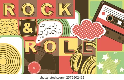 Collage with various elements of 80-90s culture and the inscription Rock and Roll. Among the objects are a vinyl record, an audio cassette, headphones. Vector illustration