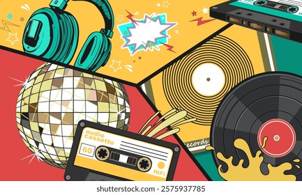 Collage with various elements of the musical culture of the 80-90s. Among the objects are a vinyl record, an audio cassette, studio headphones, a disco ball. Vector illustration