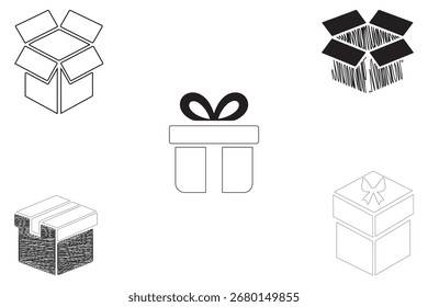 Un collage de varias ilustraciones dibujadas a mano de cajas de envío abiertas y cerradas y una caja de regalo.