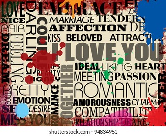 Collage with various love words on grunge background, vector illustration