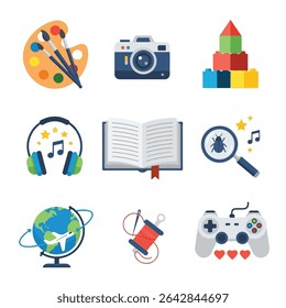 Collage of various objects with paint palette, headphones, book, and globe graphics.