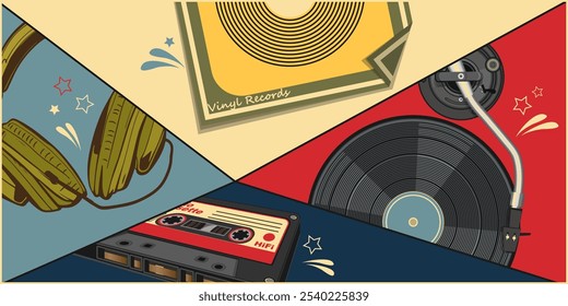 Colagem com vários objetos colocados aleatoriamente - disco de vinil, fita cassete de áudio, fones de ouvido e outros. Fantasia sobre o tema dos anos 80. Ilustração vetorial