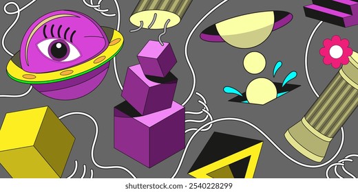 Collage with various randomly placed psychedelic objects. Fantasy background. Vector illustration