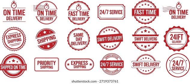 Un collage de varios sellos y sellos de goma rojos, muchos de los cuales indican la entrega, el tiempo o la disponibilidad del servicio, dispuestos en una cuadrícula.