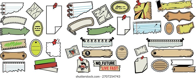 Colagem de vários vintage estilo rasgado rótulos de papel e banners com bordas ásperas fixadas e coladas sobre fundo branco, criando um olhar artístico nostálgico perfeito para projetos criativos scrapbooking