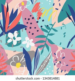 Collage Vector floral seamless pattern. Cutout flowers, petals, leaves with geometrical shape and doodle elements such as dots, scribbles, stripes. Flat botanical background for textile and surface.
