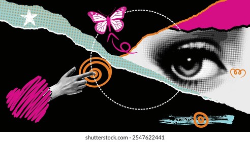 Collage vector halftone illustration: The Eye of Transformation, a visual exploration of focus and inner vision.